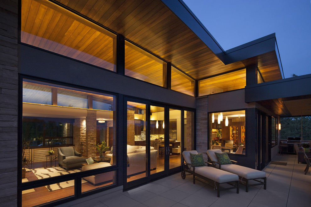 Idée de décoration pour une terrasse arrière design avec une extension de toiture.