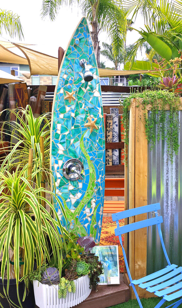 This is an example of a coastal terrace in San Diego with an outdoor shower.