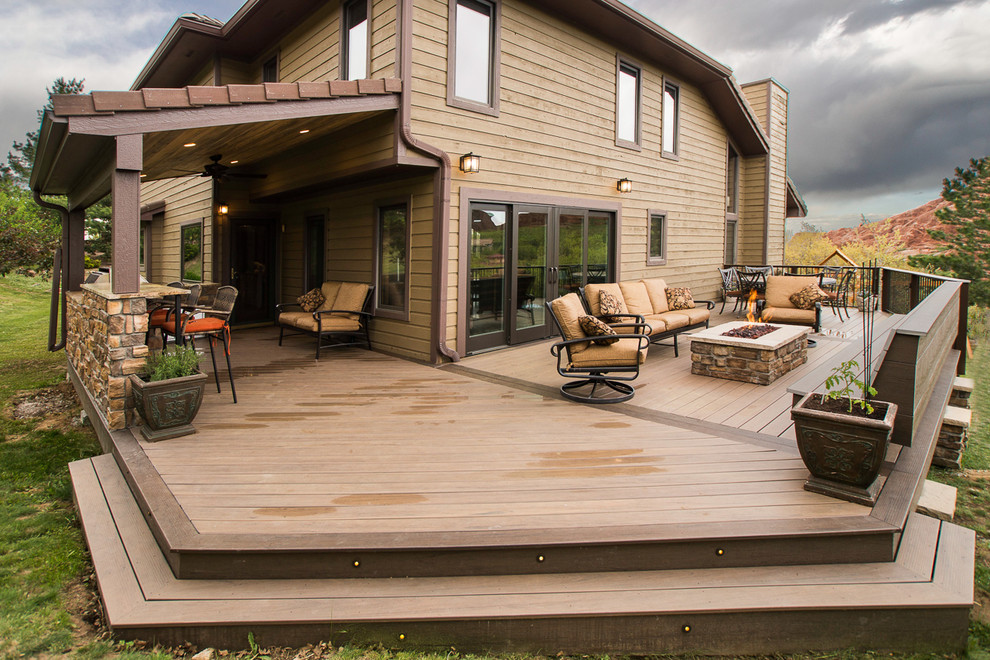 Inspiration for a large timeless backyard deck remodel in Denver with a fire pit and no cover