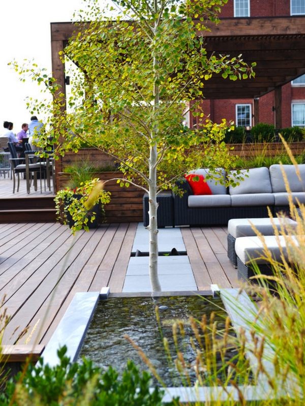 Design ideas for a small contemporary roof terrace in Chicago with a water feature and no cover.