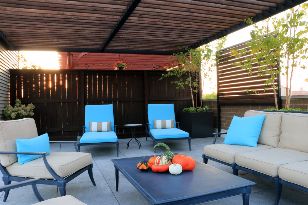 This is an example of a large contemporary roof terrace in Chicago with a potted garden and a pergola.