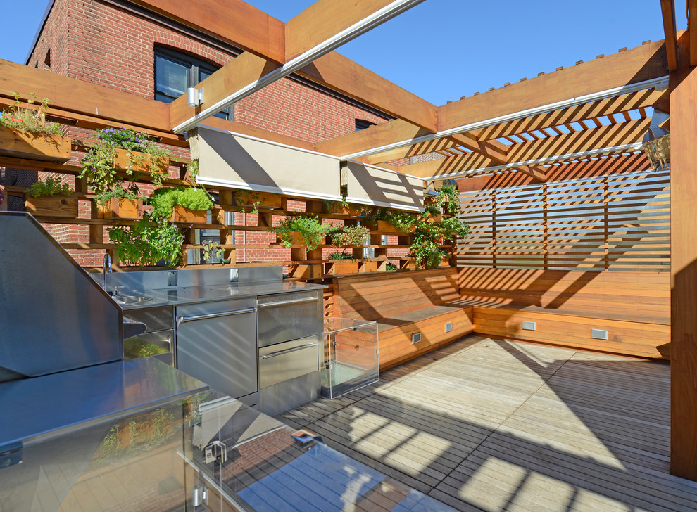 Стильный дизайн: маленькая пергола на террасе на крыше в стиле модернизм с летней кухней для на участке и в саду - последний тренд