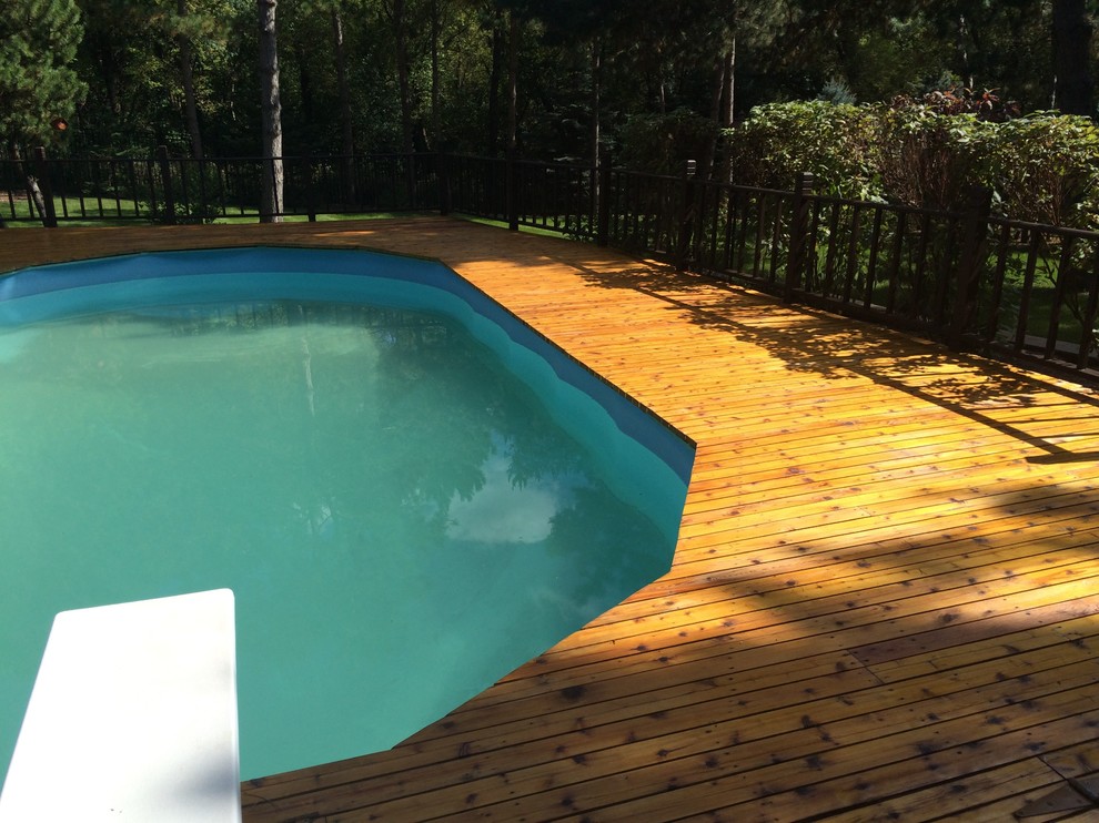 This is an example of an expansive rustic back swimming pool in Minneapolis with a water feature.