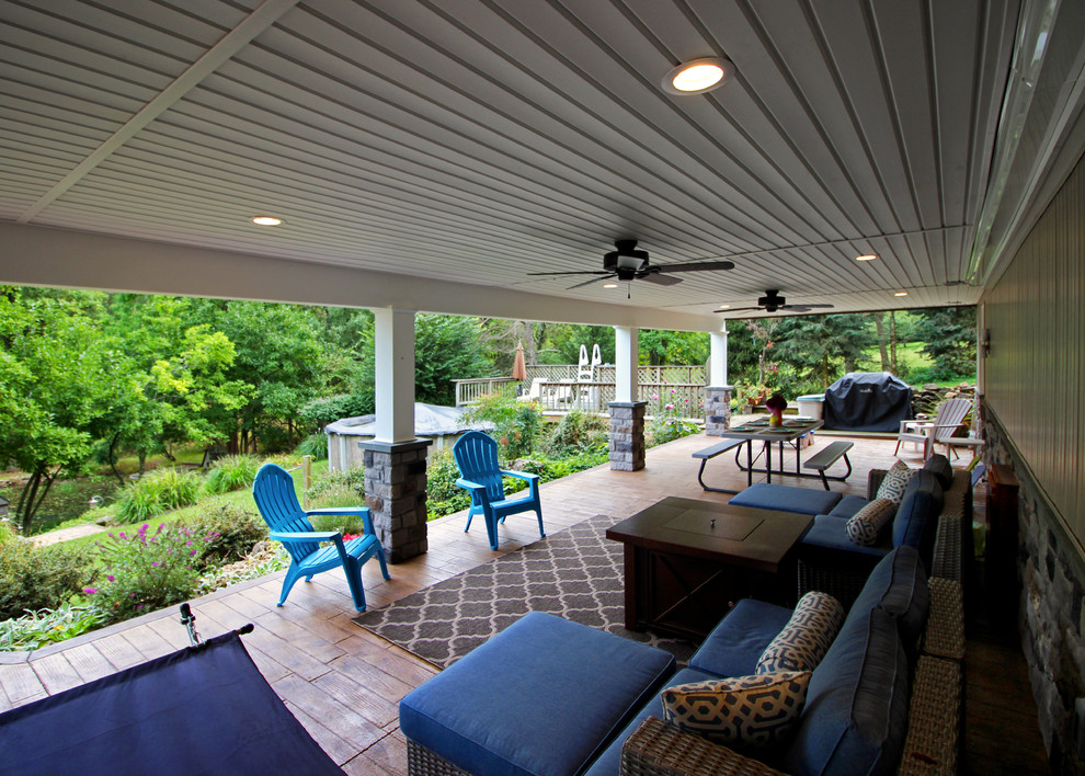 Inspiration for a large industrial backyard deck remodel in Philadelphia with a roof extension