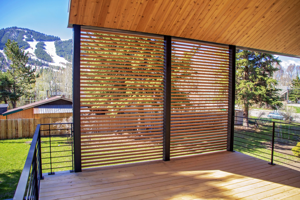 Cette image montre une terrasse arrière avec des solutions pour vis-à-vis et une extension de toiture.