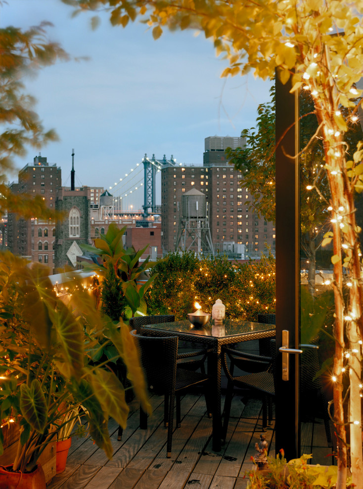 Foto de terraza contemporánea sin cubierta en azotea con jardín vertical y iluminación