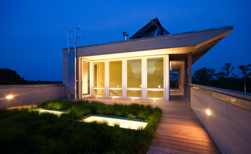 Immagine di una terrazza contemporanea sul tetto con un giardino in vaso e un tetto a sbalzo
