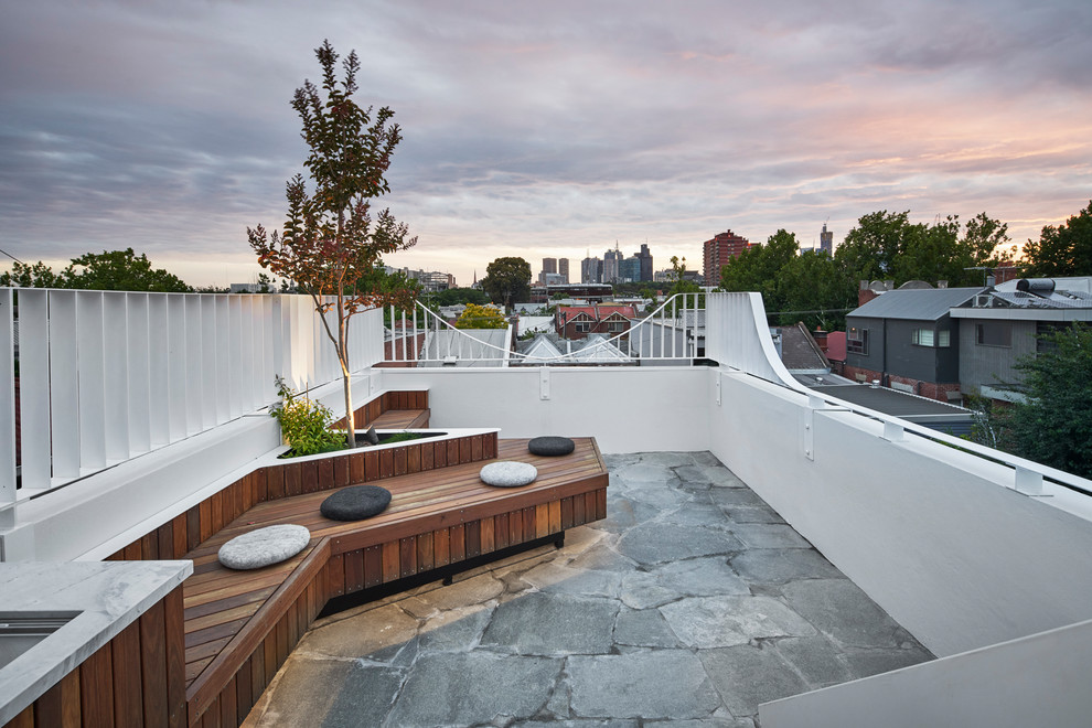 Medium sized contemporary roof terrace in Melbourne with an outdoor kitchen and no cover.