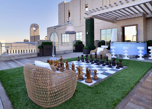 Surreal architecture resembling a giant chess set