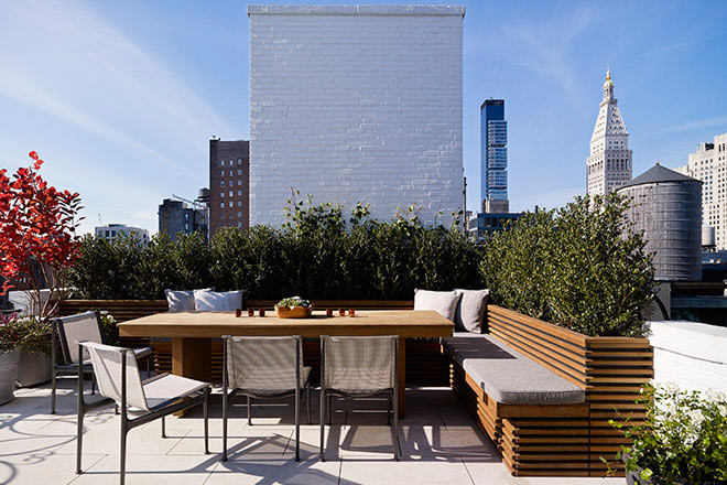 Mittelgroße, Unbedeckte Moderne Dachterrasse mit Kübelpflanzen in New York