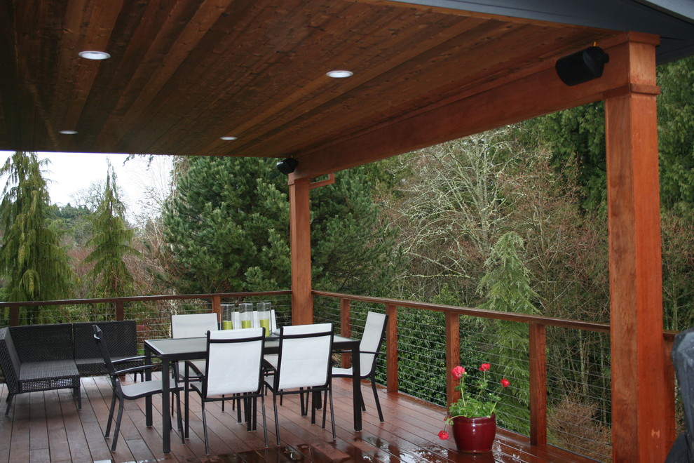 This is an example of a large modern back terrace in Portland with a roof extension.