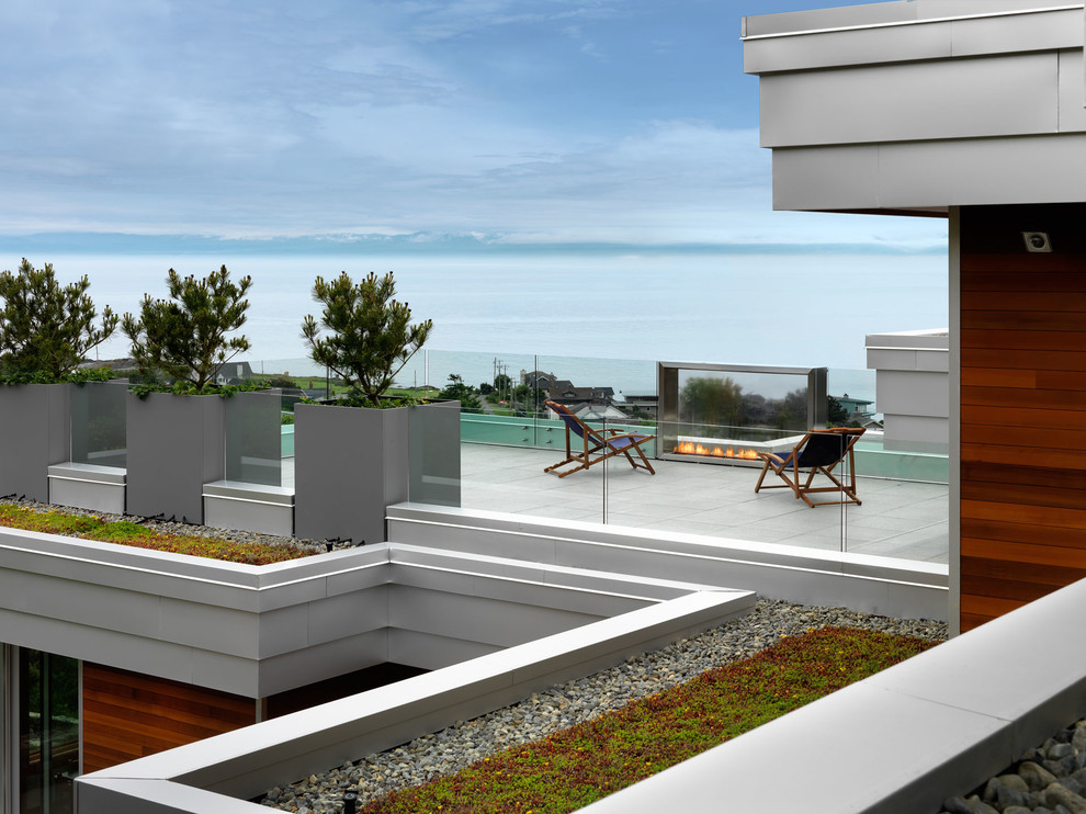 Ispirazione per una terrazza contemporanea sul tetto e sul tetto con un focolare