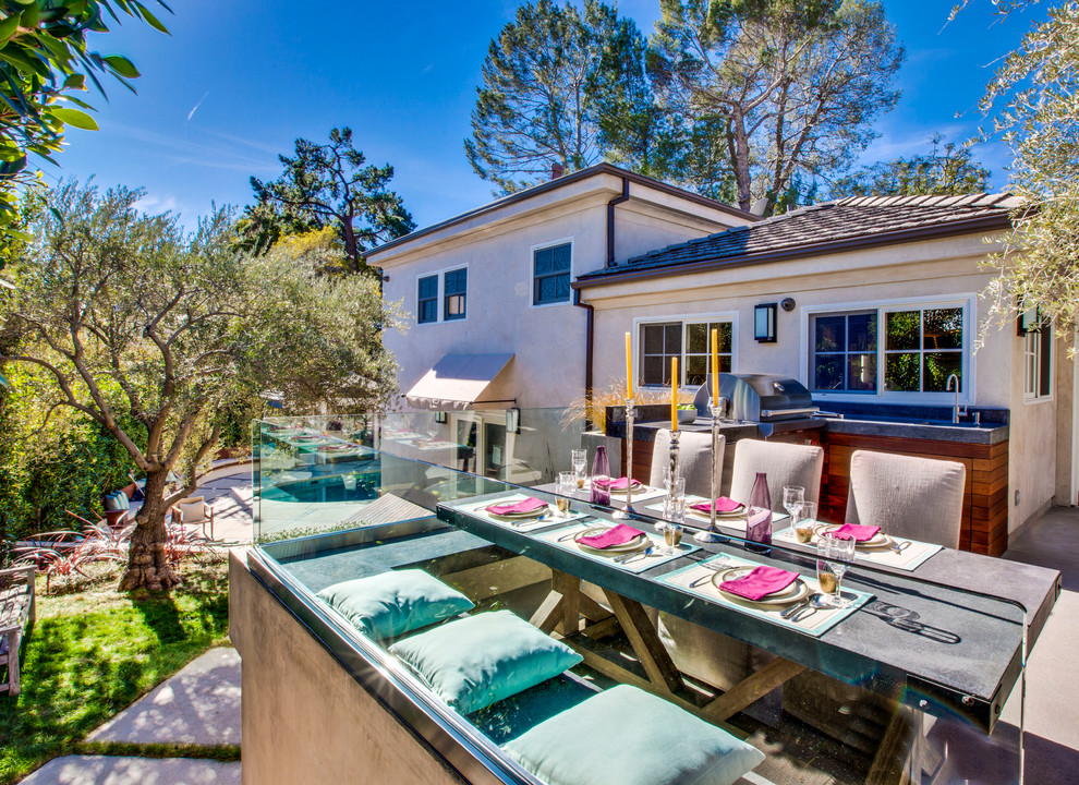 This is an example of a contemporary terrace in Los Angeles with no cover and a bbq area.