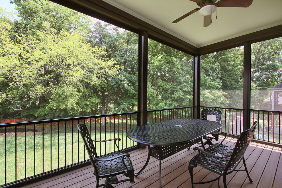 Example of a mid-sized classic backyard deck design in Louisville with a roof extension