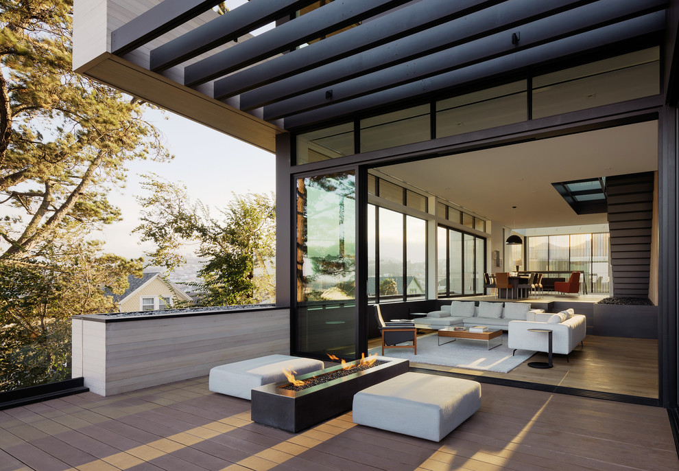 Design ideas for a contemporary roof rooftop terrace in San Diego with a fire feature and a pergola.