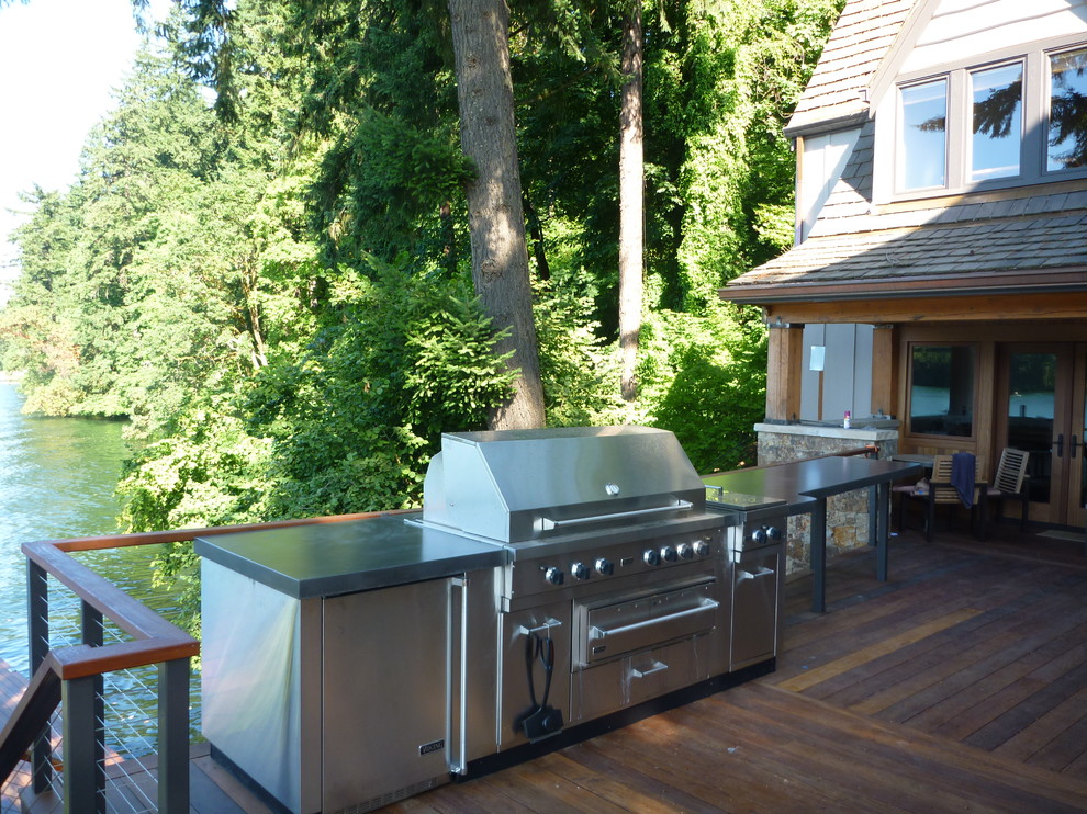 Mid-sized trendy backyard outdoor kitchen deck photo in Portland with no cover