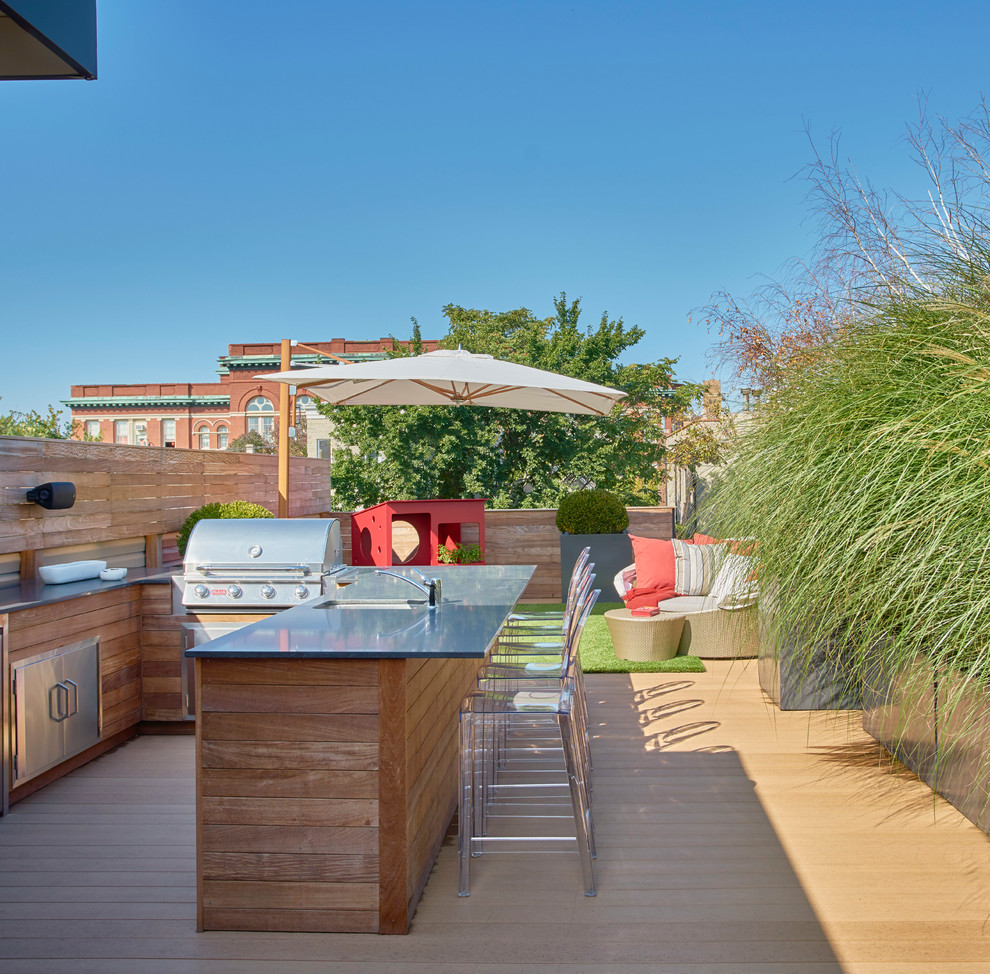 Diseño de terraza contemporánea sin cubierta en azotea con cocina exterior