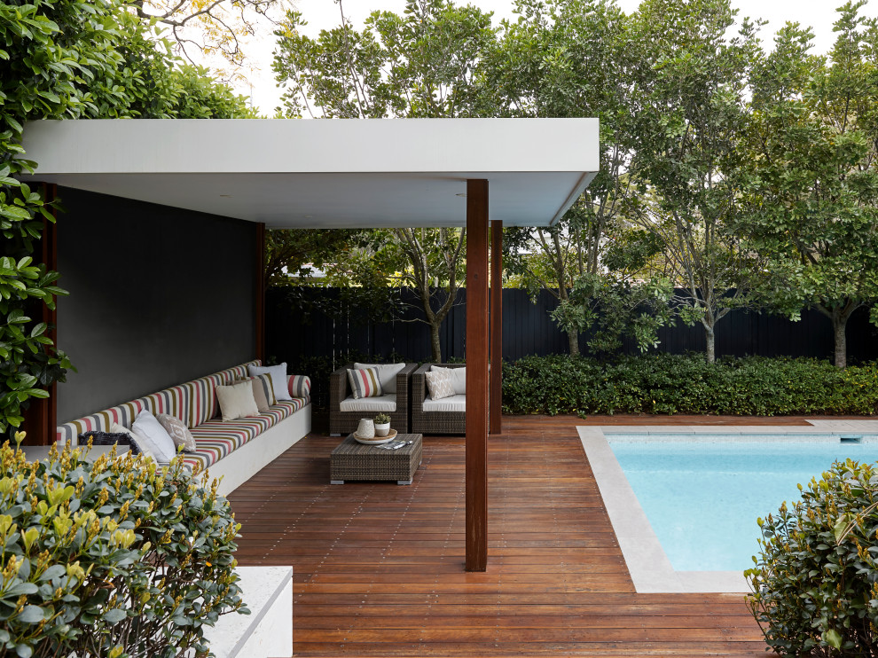 Inspiration for a contemporary terrace in Sydney with a roof extension and fencing.