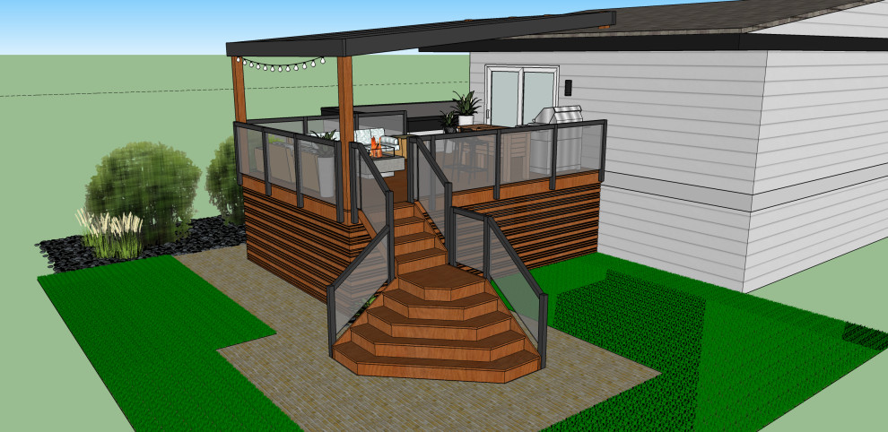 Idéer för att renovera en stor funkis terrass på baksidan av huset, med takförlängning och räcke i glas