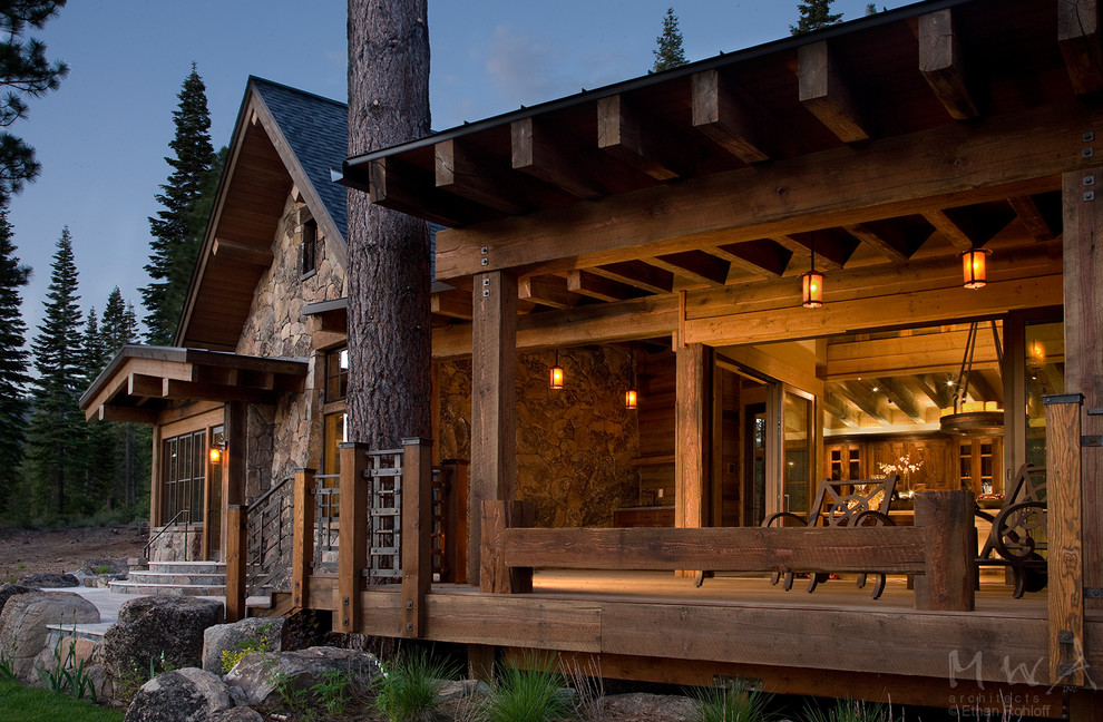 Outdoor kitchen deck - large craftsman backyard outdoor kitchen deck idea in Other with a roof extension