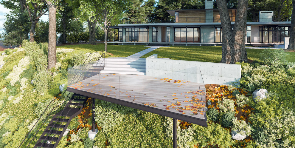 Example of a mid-sized minimalist backyard deck design in Chicago with a fire pit and a roof extension