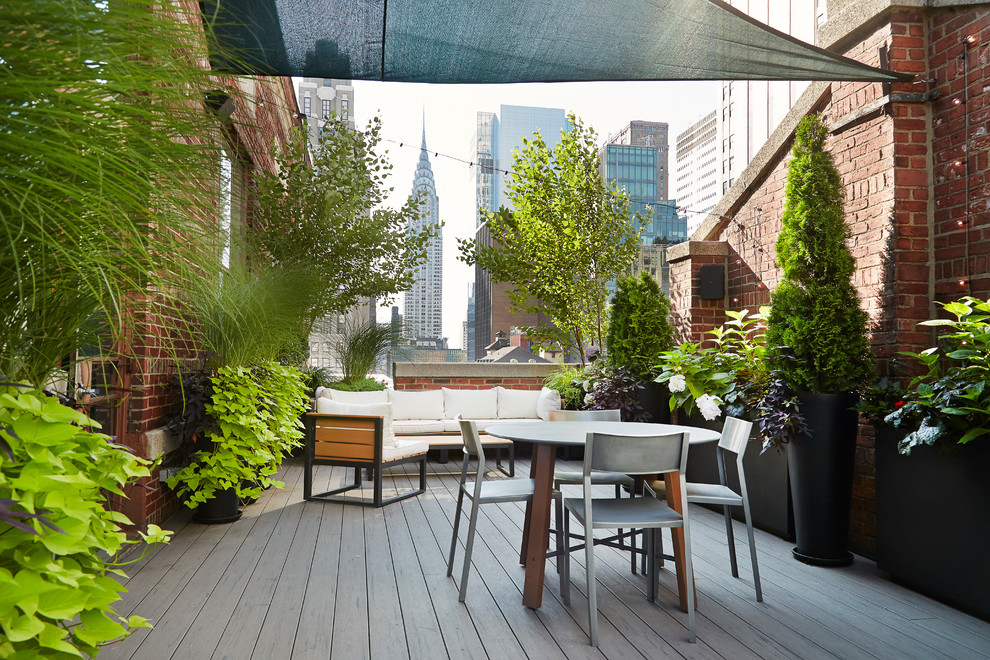 This is an example of a small classic roof terrace in New York with a potted garden and an awning.