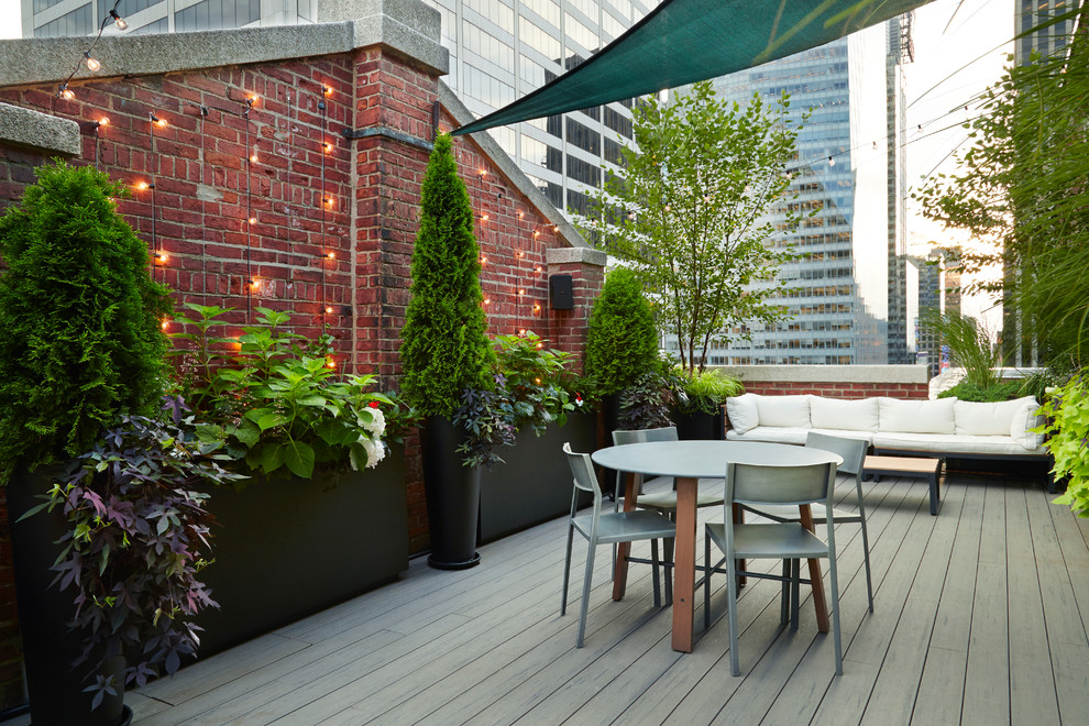 Kleine Klassische Dachterrasse im Dach mit Kübelpflanzen und Markisen in New York