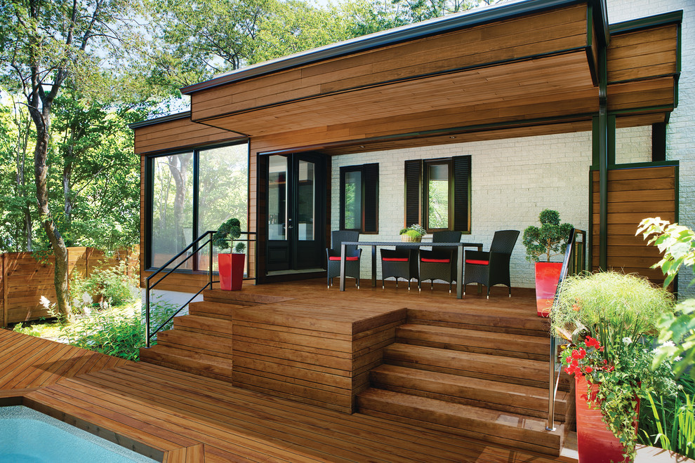 Foto di una terrazza minimalista di medie dimensioni e dietro casa con un giardino in vaso e un tetto a sbalzo