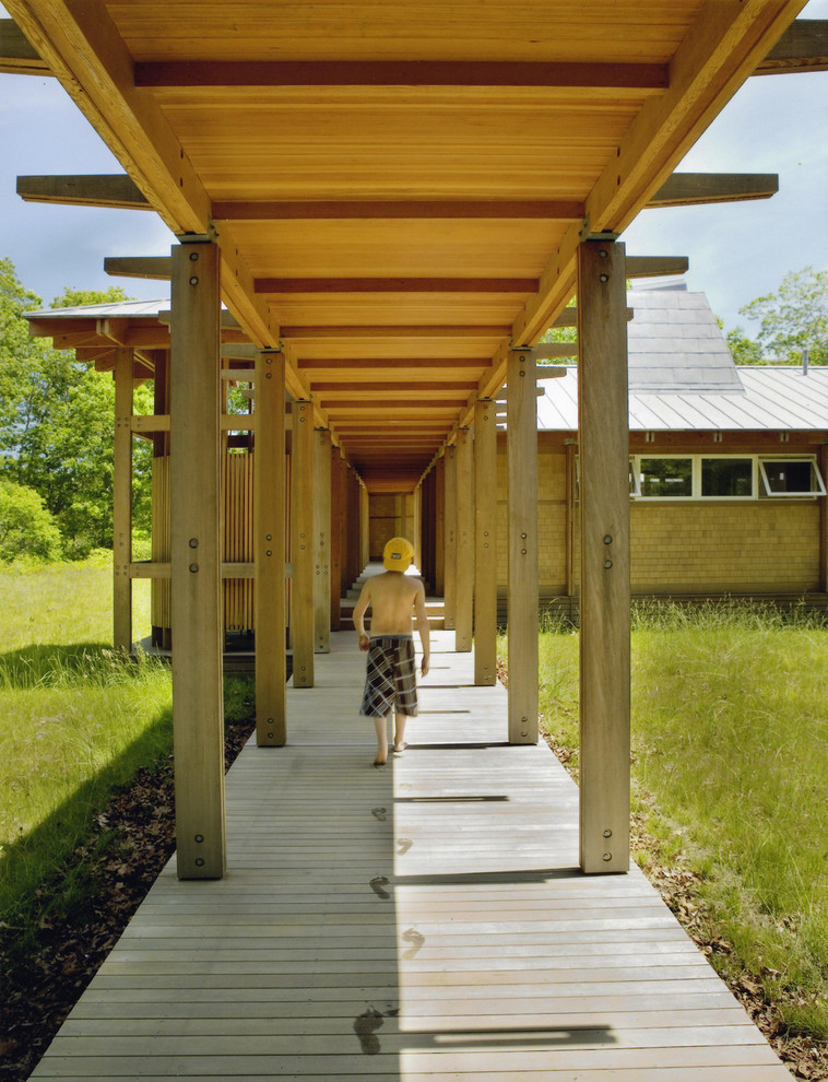 Cette photo montre une terrasse tendance avec une extension de toiture.