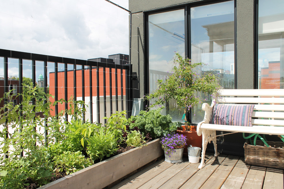 Deck - mid-sized contemporary rooftop deck idea in Montreal with a pergola