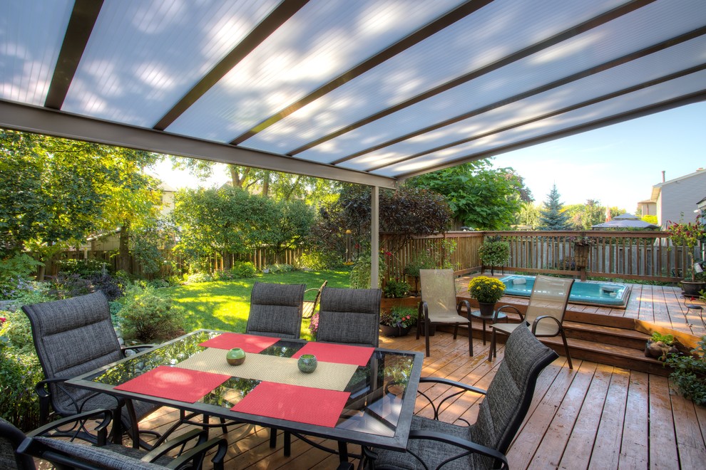 Inspiration for a timeless backyard deck remodel in Toronto with an awning