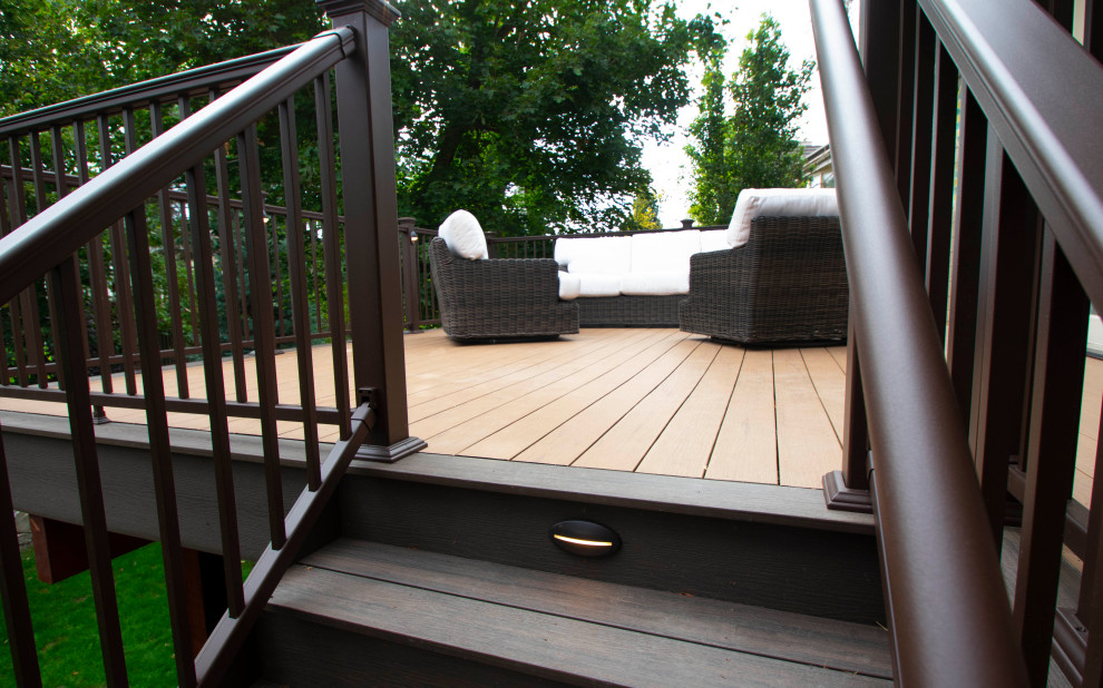 Imagen de terraza clásica renovada de tamaño medio en patio trasero con pérgola y barandilla de metal