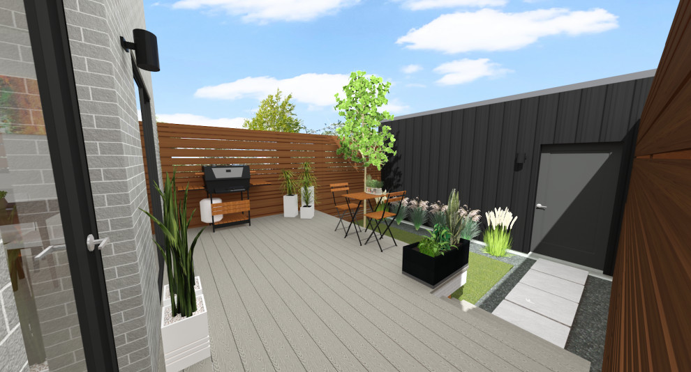 Modelo de terraza moderna de tamaño medio sin cubierta en patio trasero con privacidad