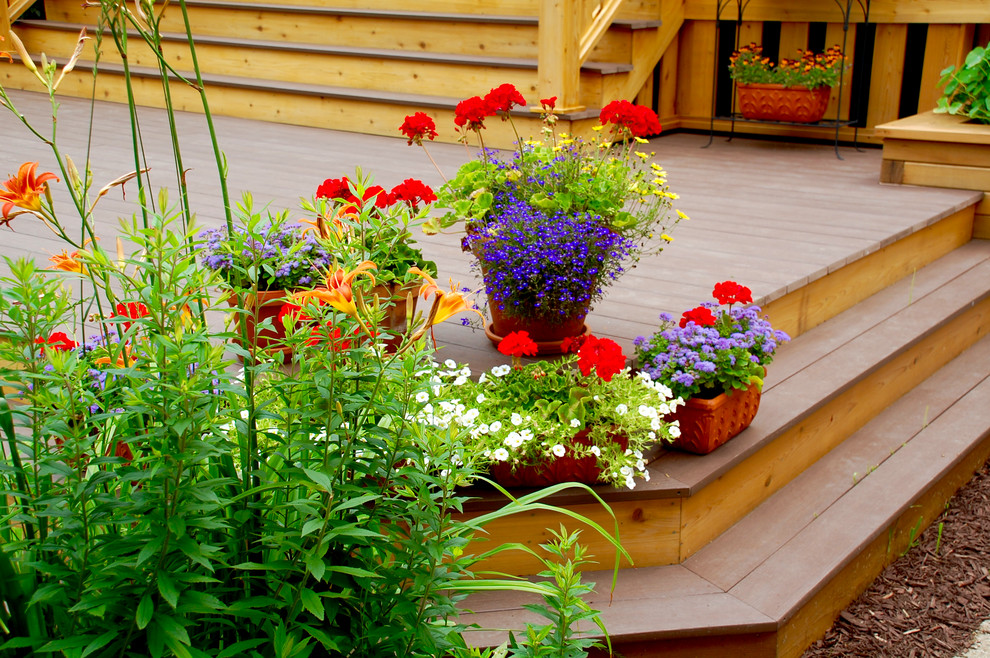 Aménagement d'une terrasse avec des plantes en pots arrière craftsman de taille moyenne.
