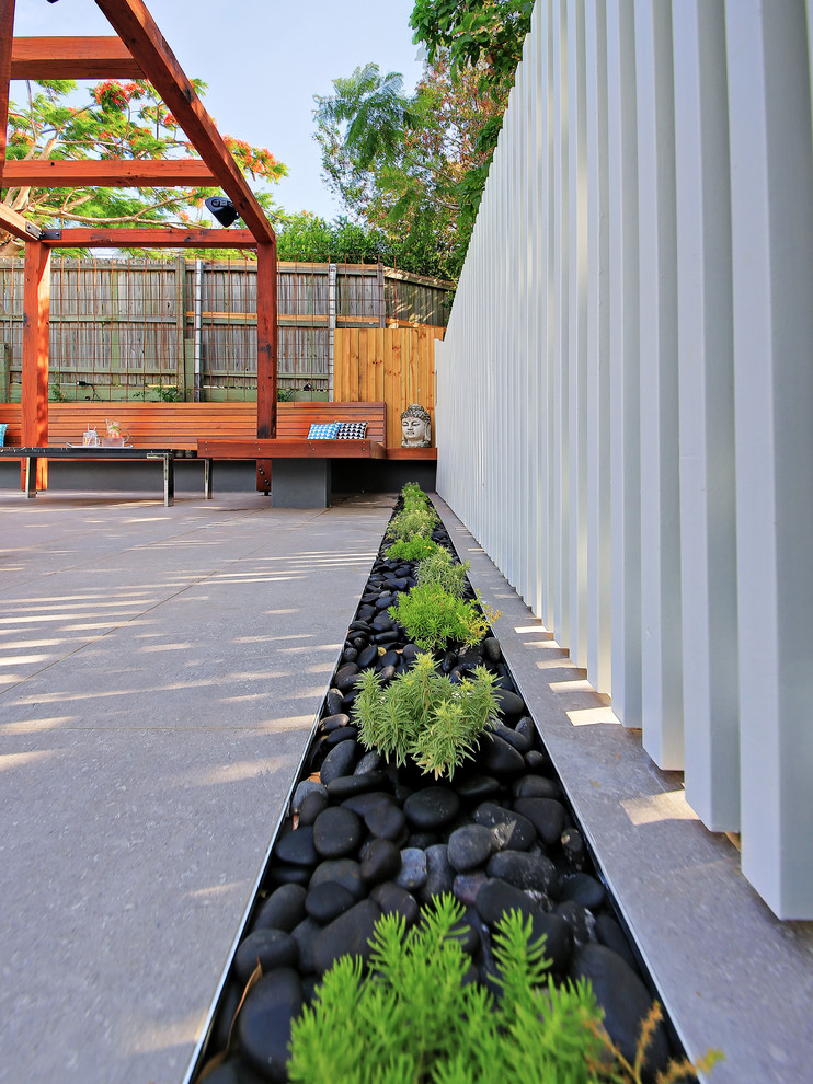 Modelo de terraza contemporánea grande en patio trasero con jardín de macetas y pérgola