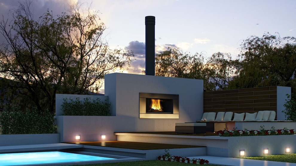 Inspiration pour une terrasse arrière design de taille moyenne avec un foyer extérieur et aucune couverture.