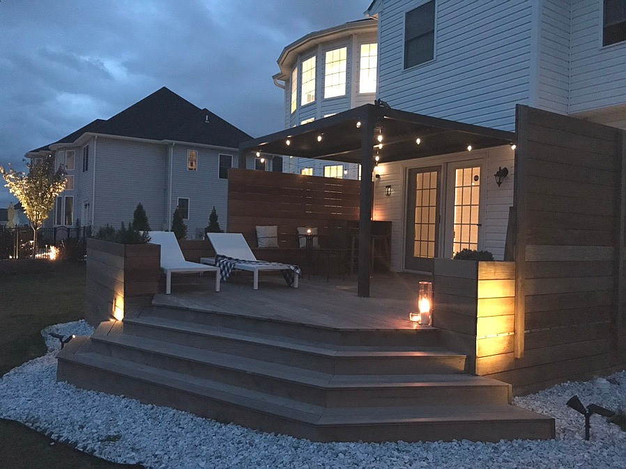 Foto di una privacy sulla terrazza minimalista dietro casa e a piano terra con una pergola e parapetto in legno
