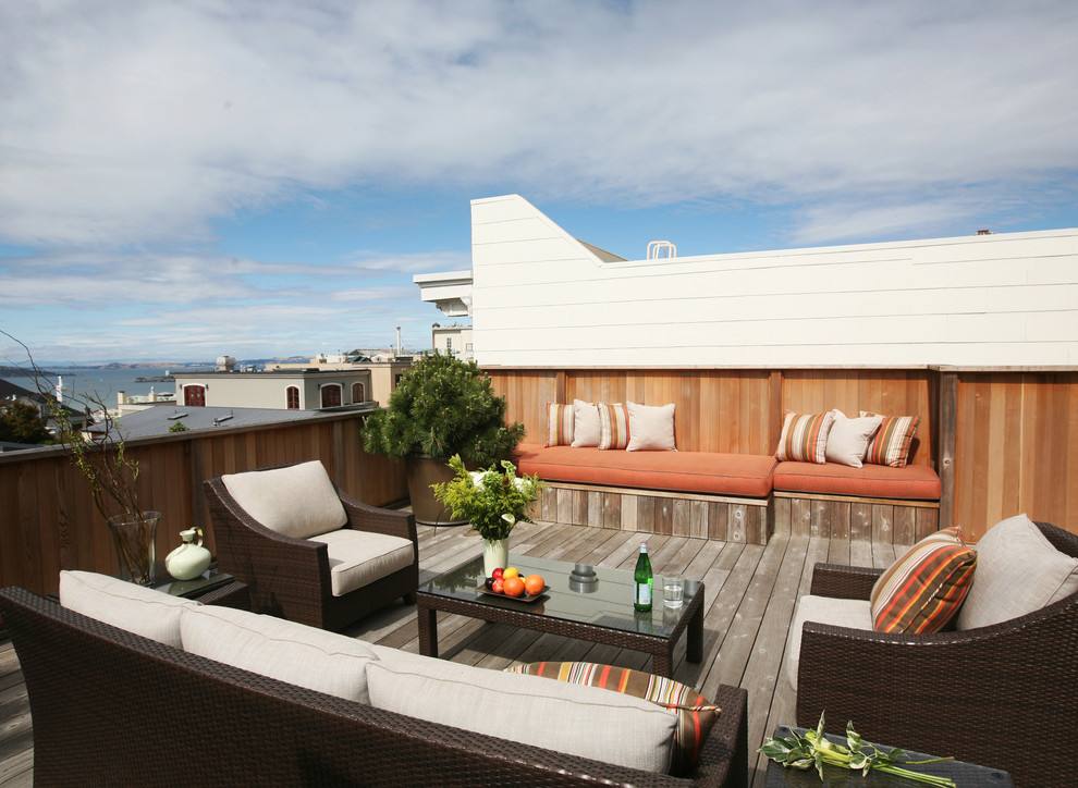 Example of a transitional rooftop rooftop deck design in San Francisco with no cover
