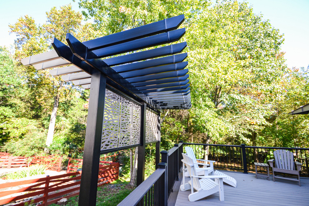 Design ideas for a medium sized world-inspired back ground level wood railing terrace in DC Metro with an awning.