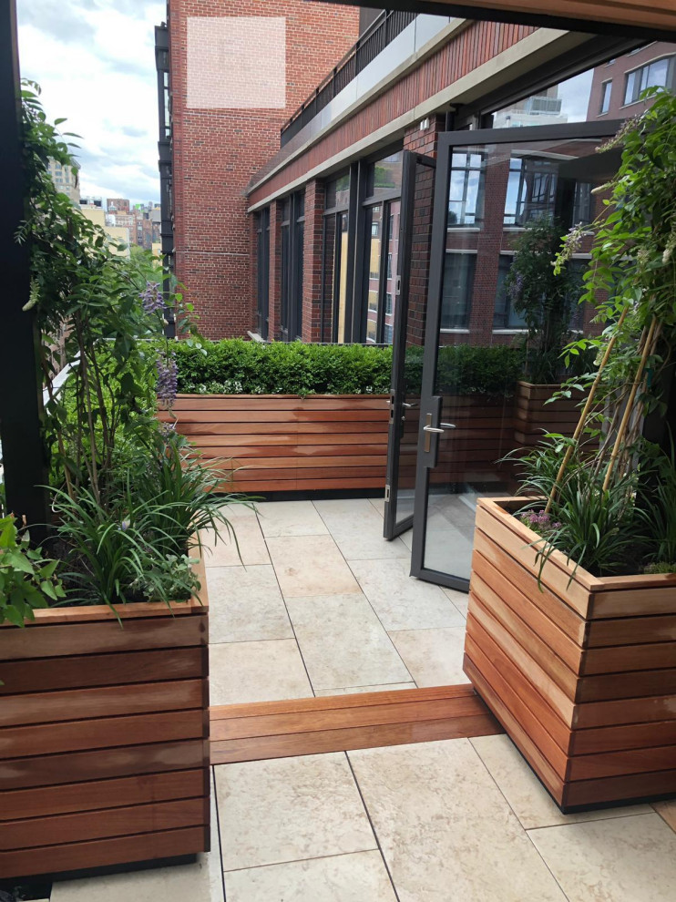 Example of a small trendy deck container garden design in New York with a pergola