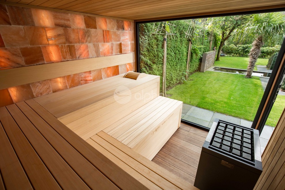 Esempio di una terrazza minimalista di medie dimensioni e dietro casa con un tetto a sbalzo
