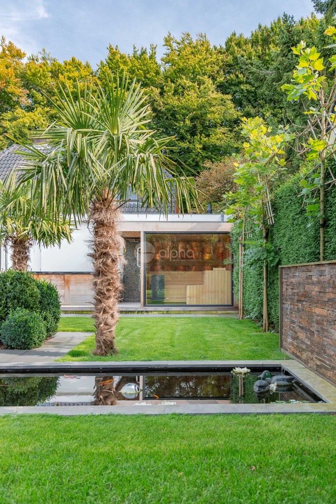 Imagen de terraza minimalista de tamaño medio en patio trasero y anexo de casas con ducha exterior