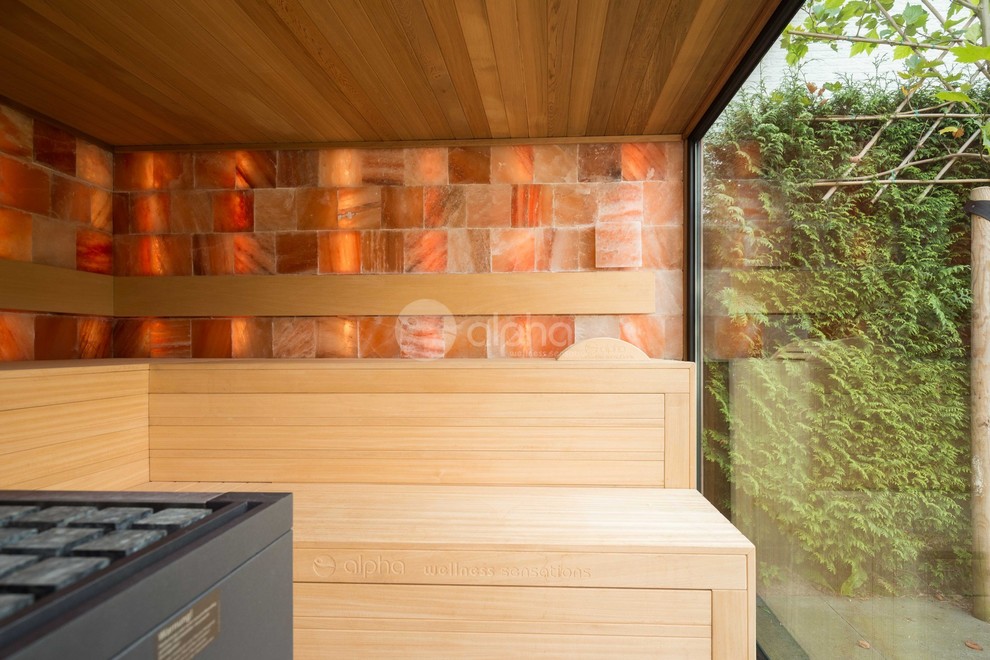 Modelo de terraza minimalista de tamaño medio en patio trasero y anexo de casas con ducha exterior
