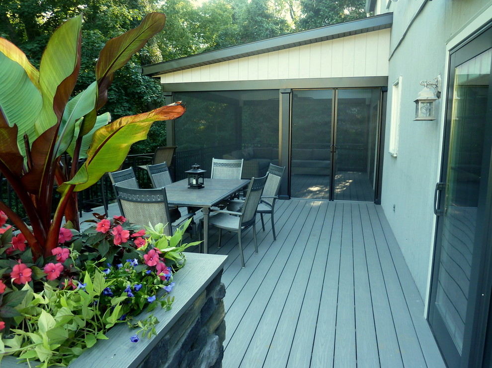 Medium sized contemporary back terrace in Philadelphia with a potted garden and a roof extension.