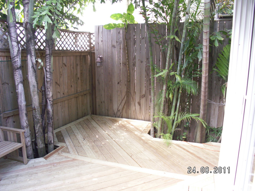 Modelo de terraza tropical grande sin cubierta en patio trasero con jardín vertical