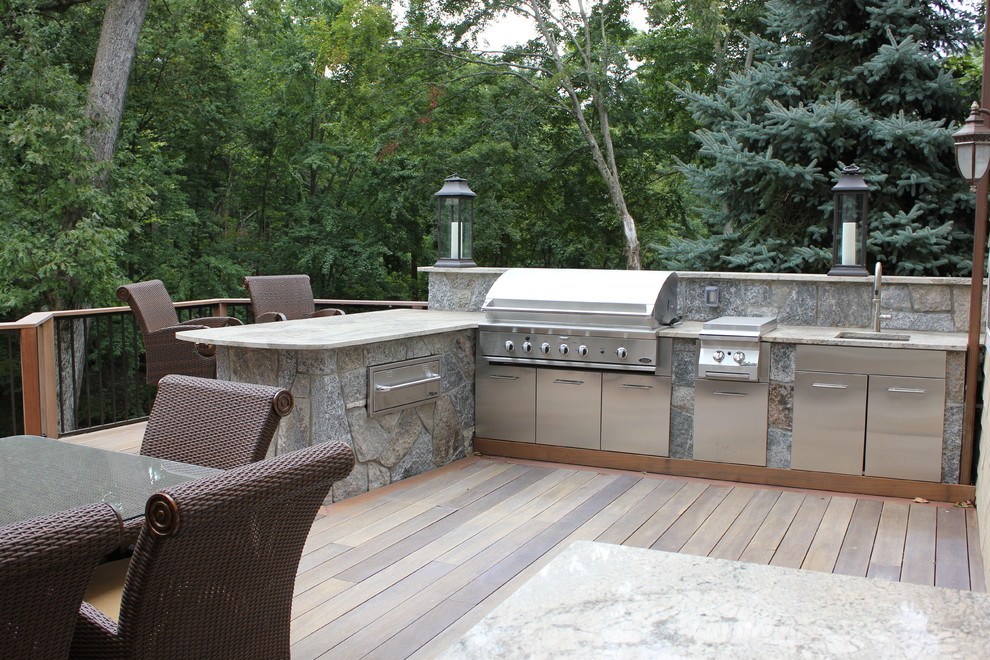 Deck - large transitional backyard deck idea in Bridgeport with a fire pit and no cover