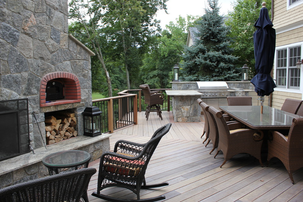 Deck - large transitional backyard deck idea in Bridgeport with a fire pit and no cover