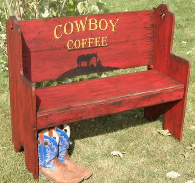 Red Cowboy Coffee Rustic Bench, Rustic Western Outdoor Furniture