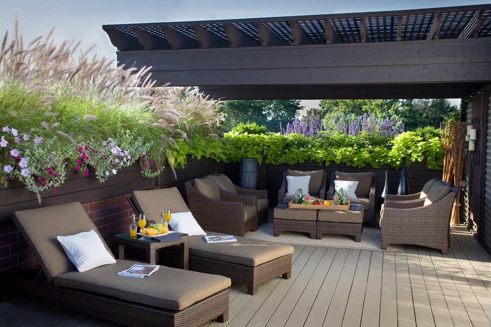 Imagen de terraza tradicional grande en azotea con pérgola