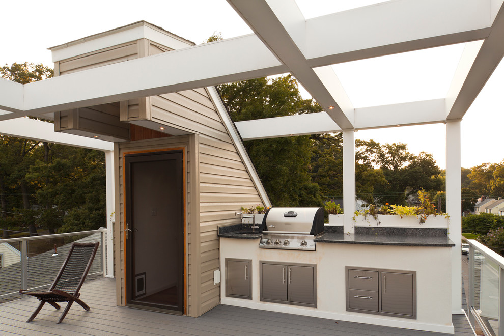 Large contemporary roof rooftop terrace in Baltimore with a pergola and a bbq area.